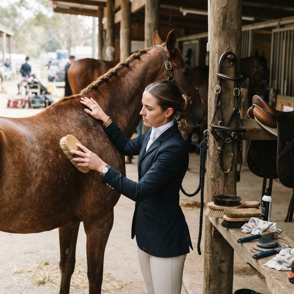 Rider brushing a horse before an Australian equestrian competition
