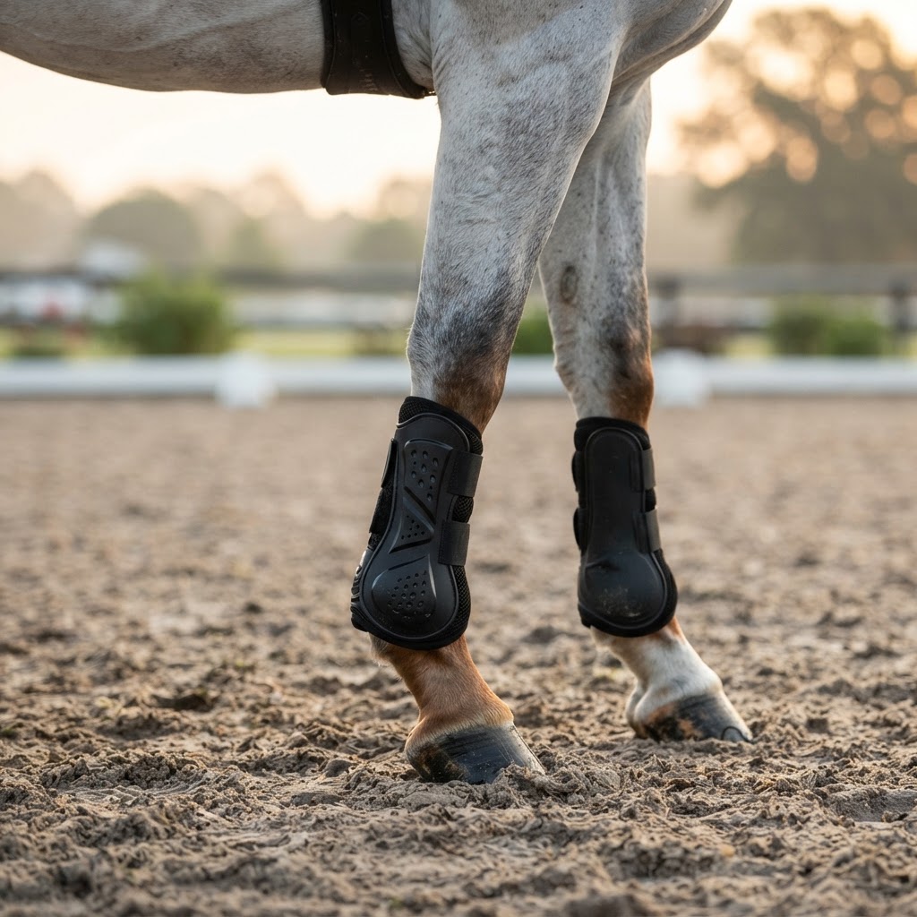 Close-up of a grey horse wearing Majyk Equipe protective boots with ventilation detailing in a sand arena