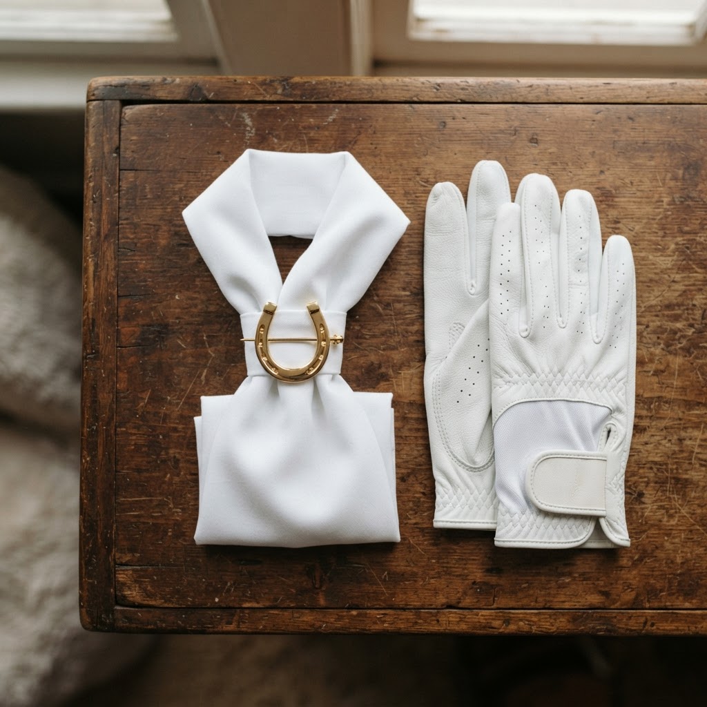 Stock tie, gold stock pin and white gloves laid out - polished competition turnout essentials