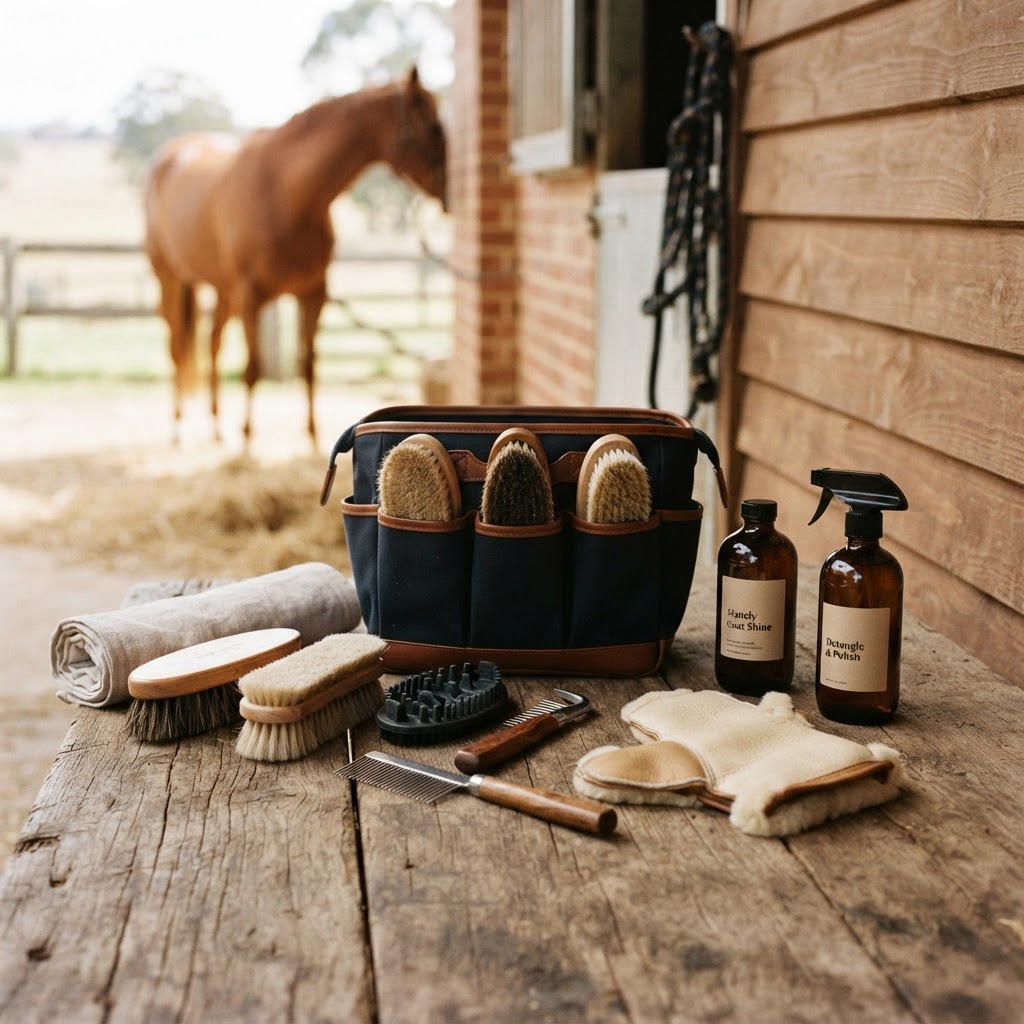 A horse grooming kit laid out with brushes, hoof pick, shampoo, and organiser bag on a wooden stable surface