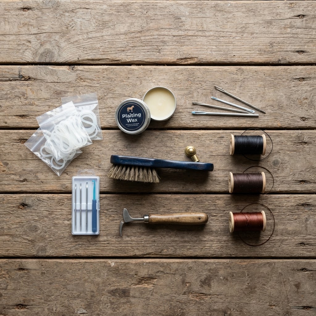 Flat-lay of an Australian show day plaiting kit with needles, bands, thread and wax