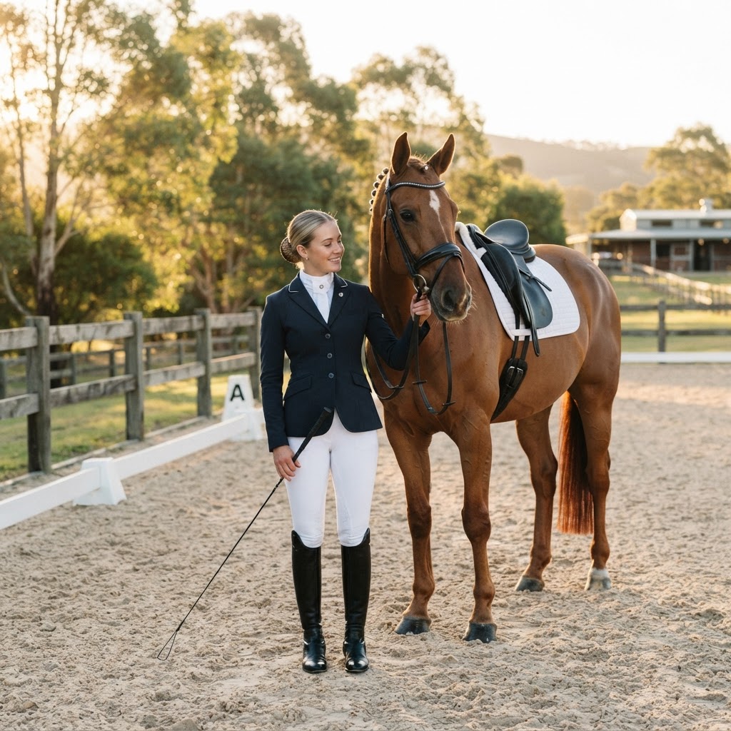 Dressage rider in competition attire holding a dressage whip beside a warmblood horse