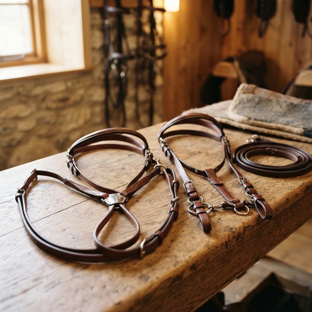 Leather training aids including the Gogue and Howlett laid out on a tack room bench