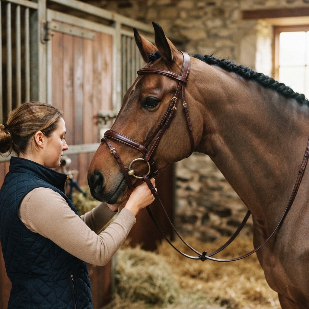 Fitting a jumping bridle on a horse showing proper noseband placement