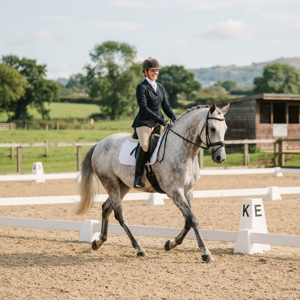 Beginner dressage rider Australia training arena horse
