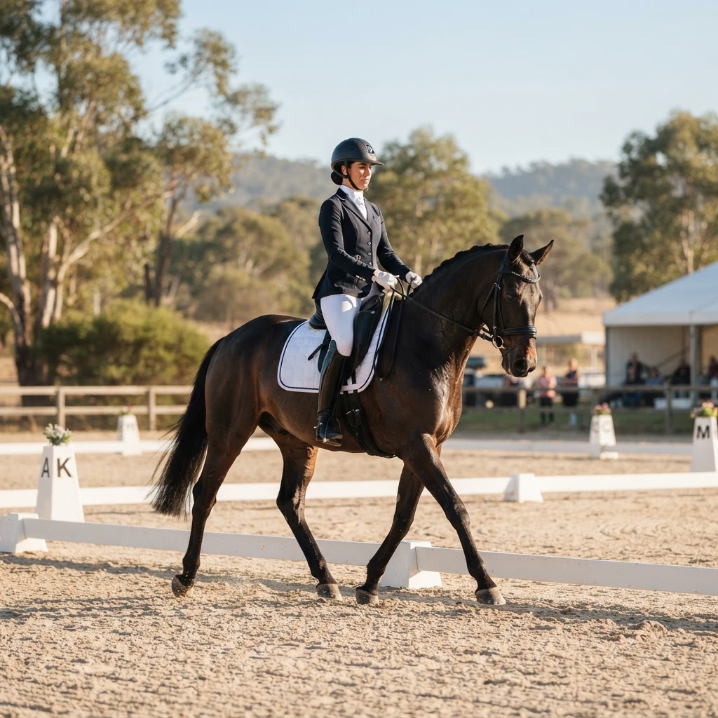 Dressage rider in navy competition jacket and white breeches at an Australian show