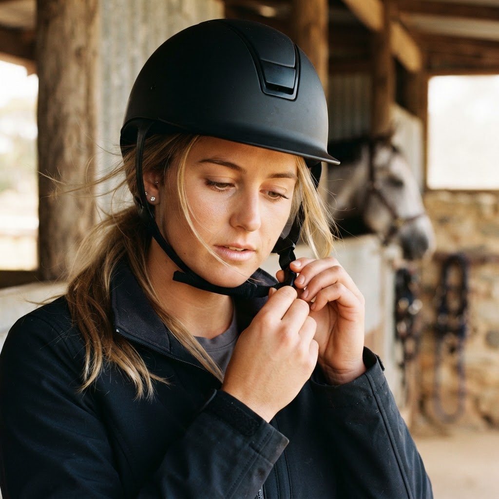 Female rider adjusting the chin strap on a black horse riding helmet in a stable
