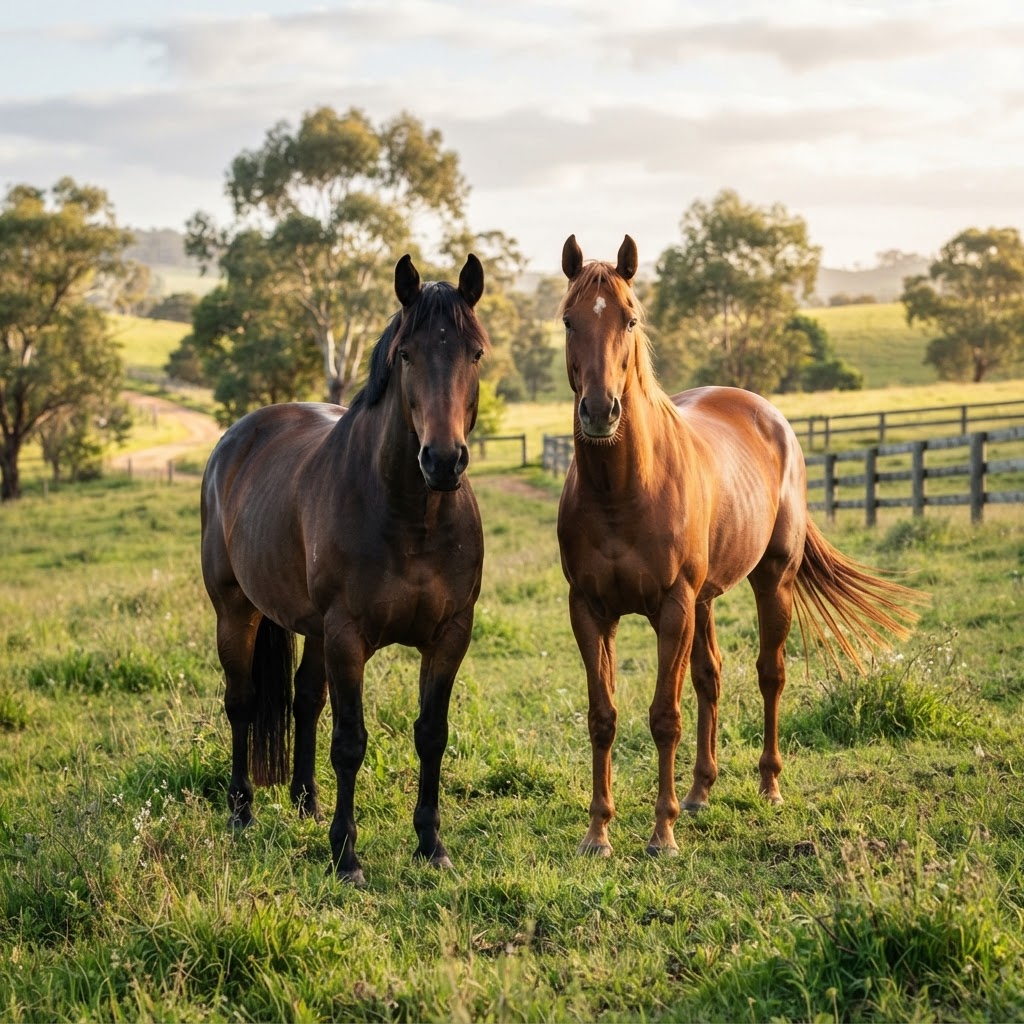 Warmblood and thoroughbred standing side by side showing different conformation for tack fitting
