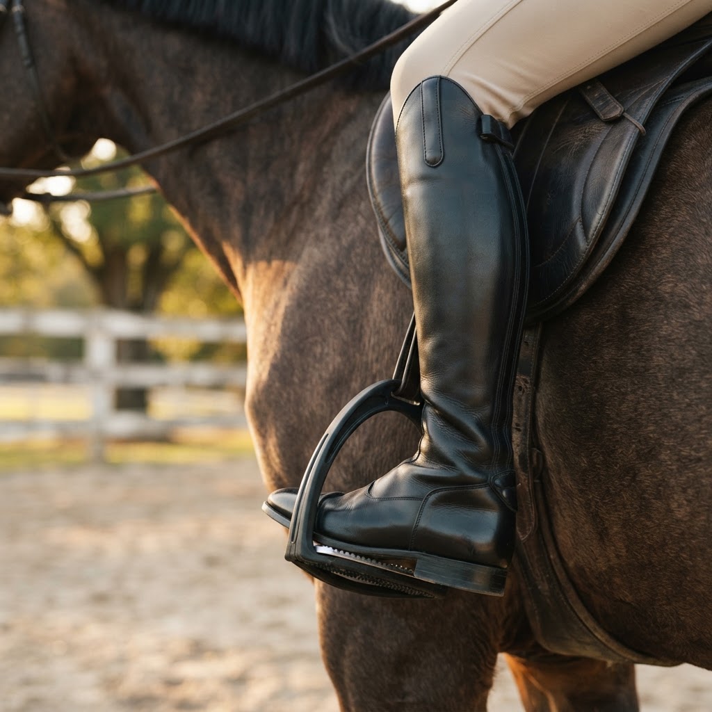 Rider's boot resting in a Freejump safety stirrup with flexible outer branch in an arena