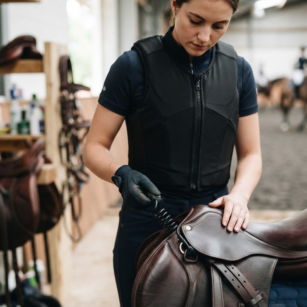 Rider connecting a Twist'Air airbag lanyard to the saddle strap before riding