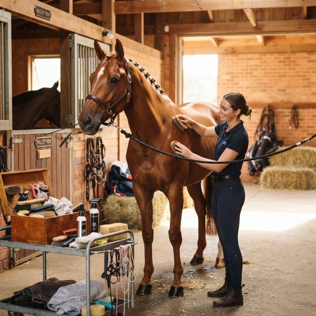 Horse being prepared with show day grooming routine in an Australian stable