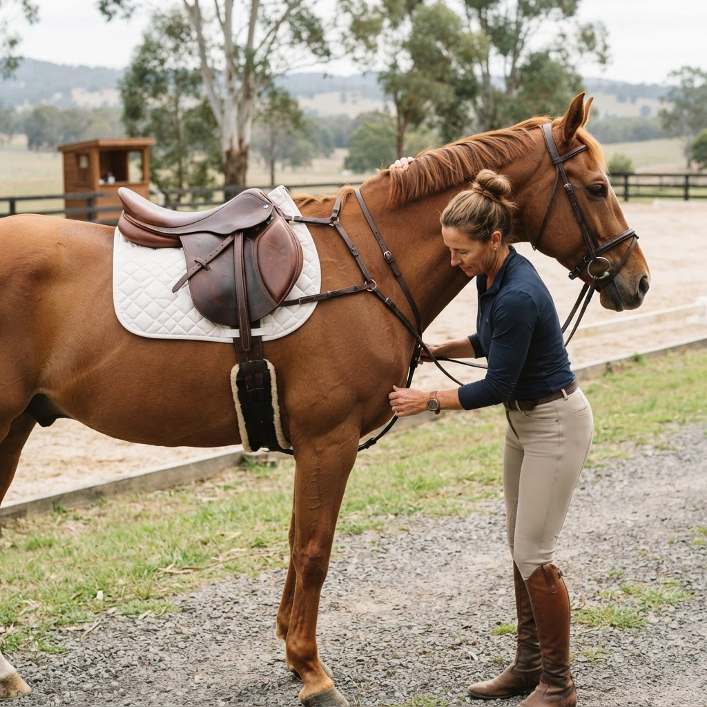 Australian rider checking breastplate and saddle fit on a horse