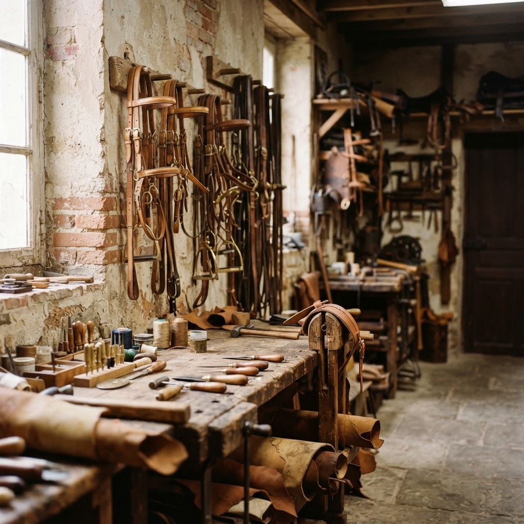 French saddlery workshop with leather bridles hanging on wooden pegs