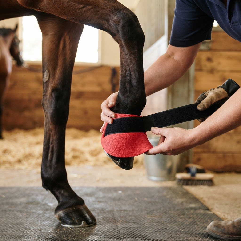 Red Tubbease hoof treatment boot fitted securely to a horse hoof