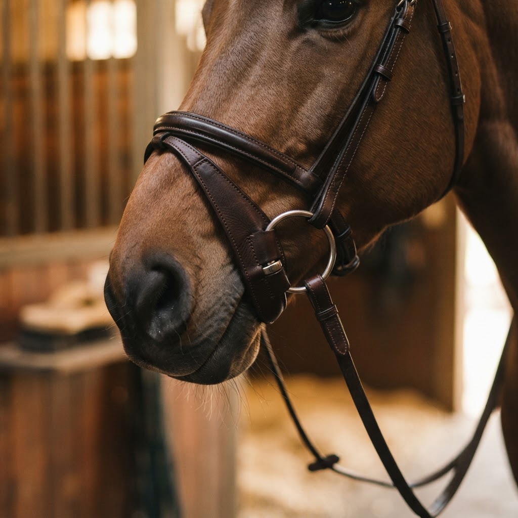 Close-up of a horse wearing a Jump'In leather-covered snaffle bit showing leather detail and craftsmanship