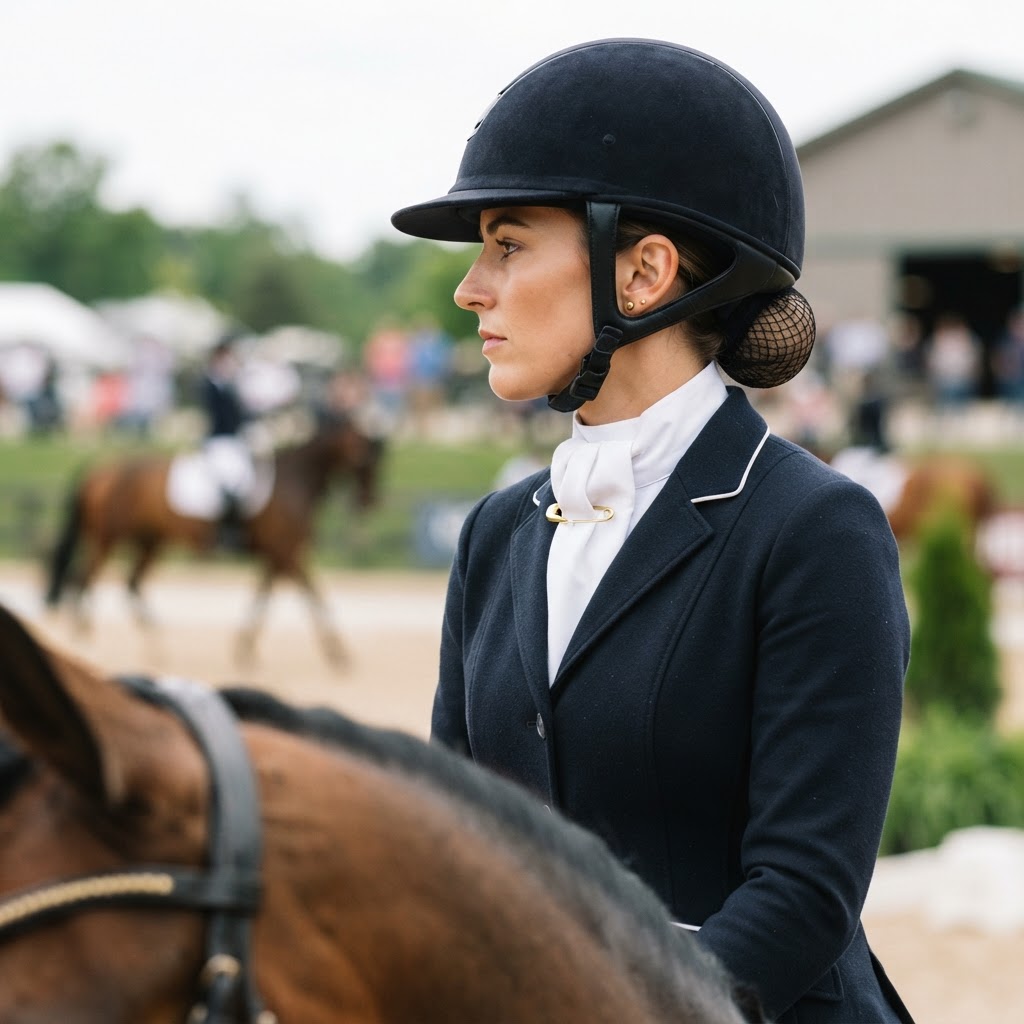 Rider wearing a properly tied white stock tie with gold stock pin, dressage turnout