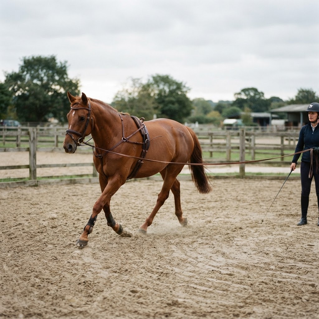 Horse on a lunge line wearing a gogue-style training aid in a sand arena