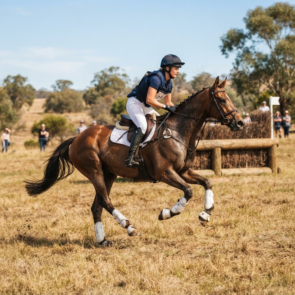 Eventing horse galloping on a cross country course wearing white XC boots on all four legs