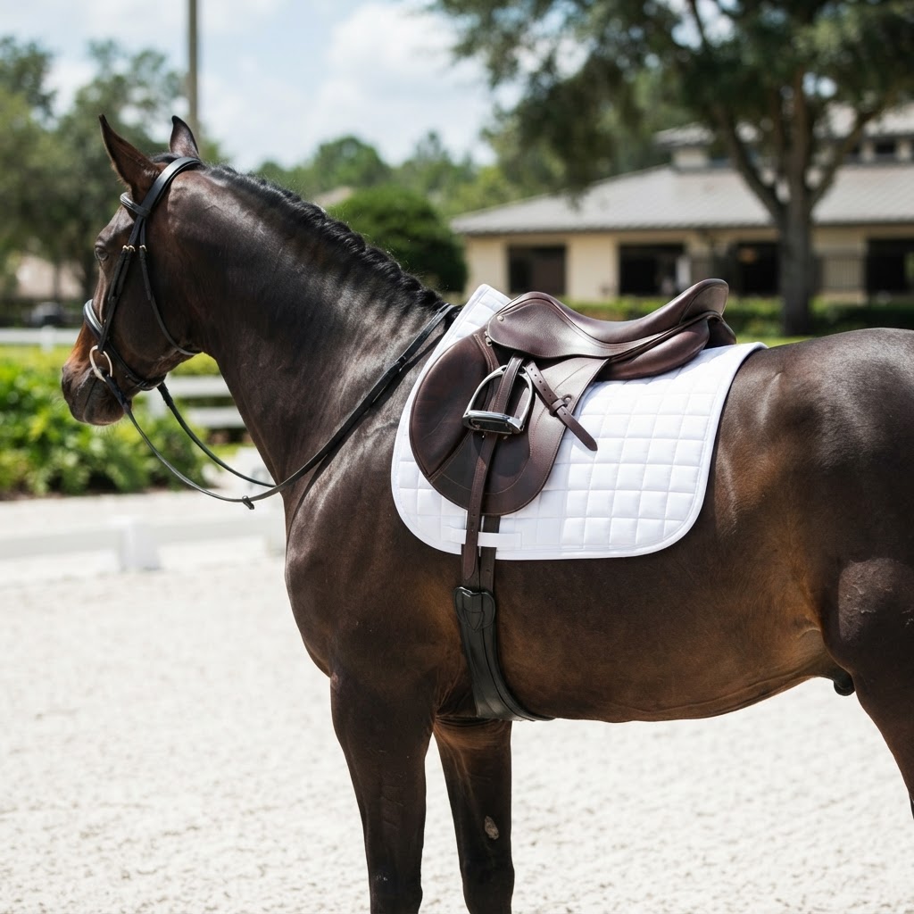 White dressage saddle pad on bay horse in arena — competition legal pad guide Australia
