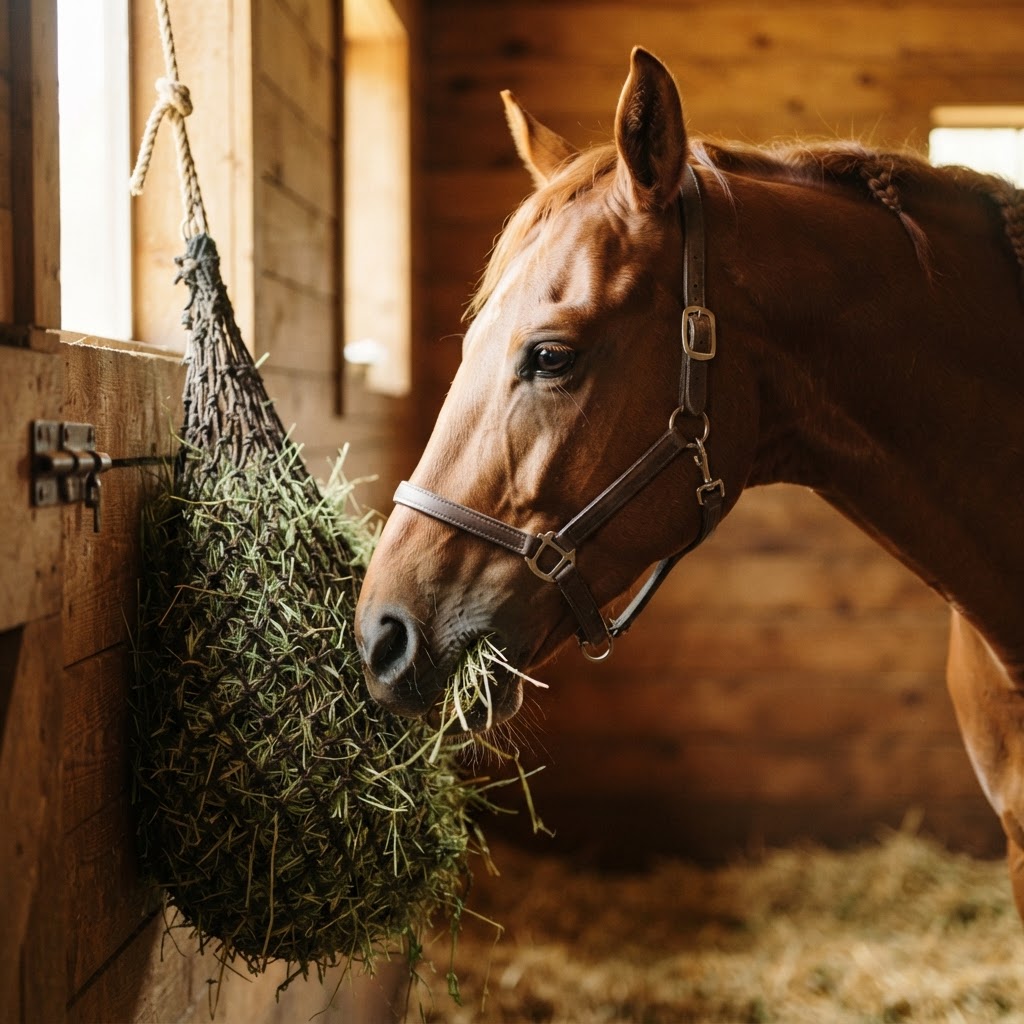 Horse eating fresh hay forage stable nutrition Australia