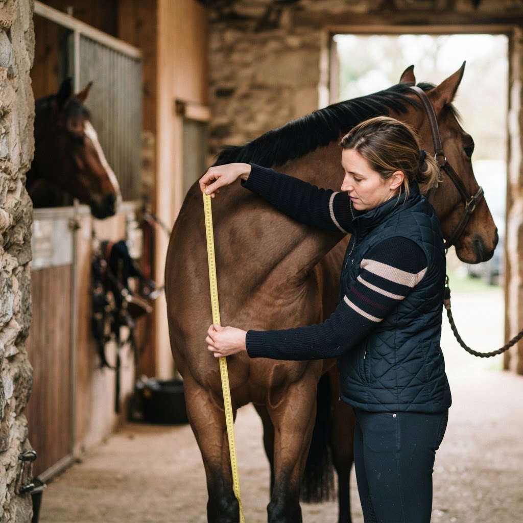 Measuring a horse for rug size with a tape measure from chest to tail