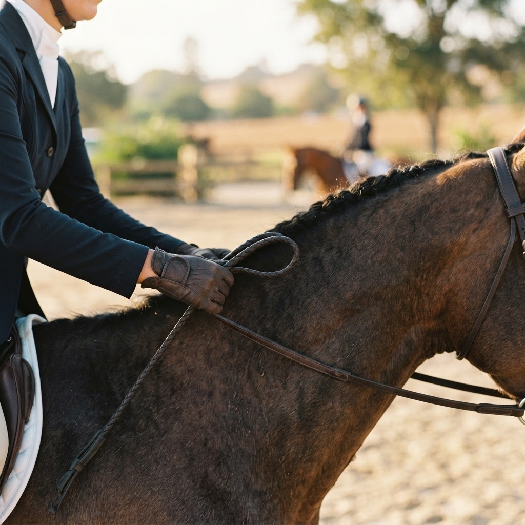 Close up of rider's gloved hands gripping reins on a horse — equestrian riding gloves Australia