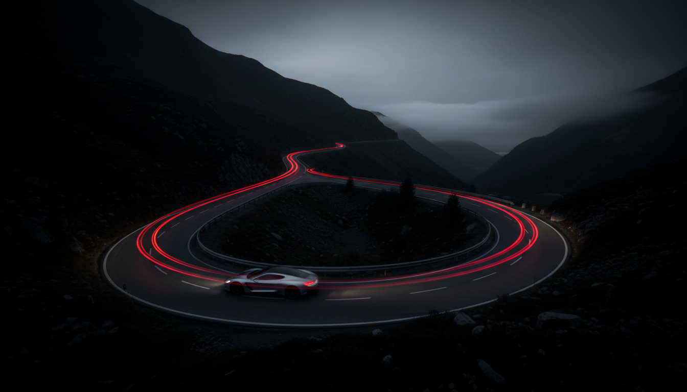 High-speed vehicle light trails on mountain switchback