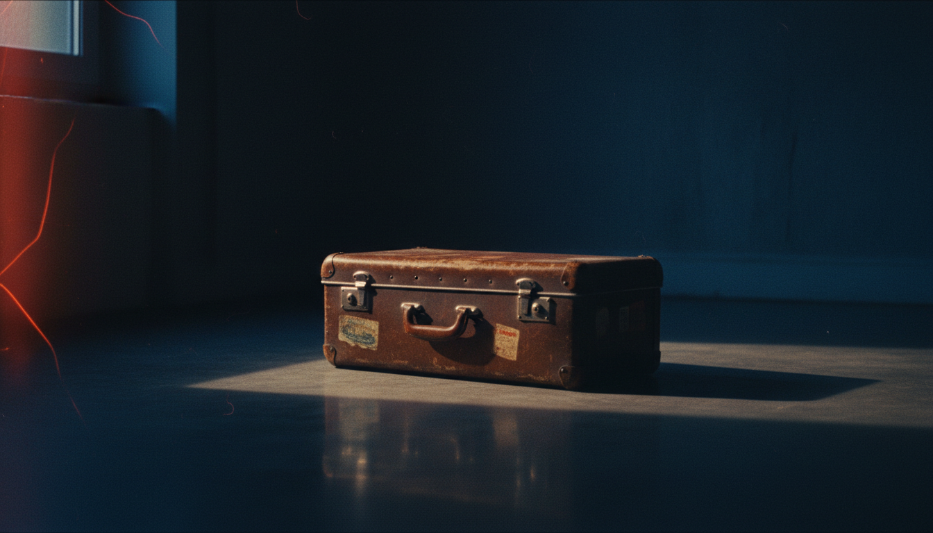 A weathered leather suitcase under dramatic chiaroscuro lighting