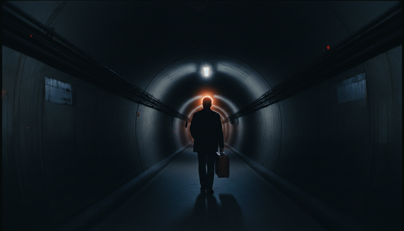 Silhouette of Yuma walking into a dark metro tunnel carrying a vintage suitcase