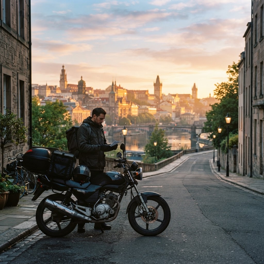 Arte de divulgação — motoboy ao amanhecer