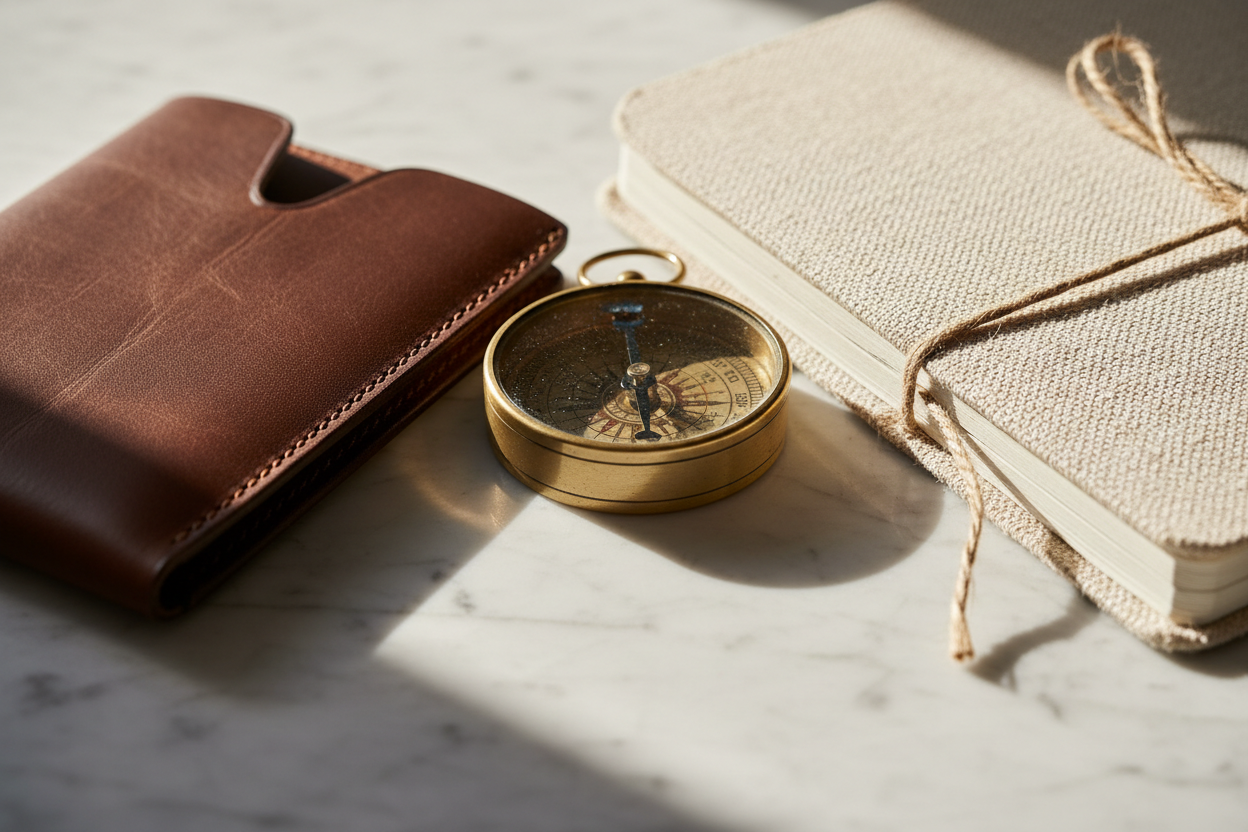 Travel essentials arranged on marble surface
