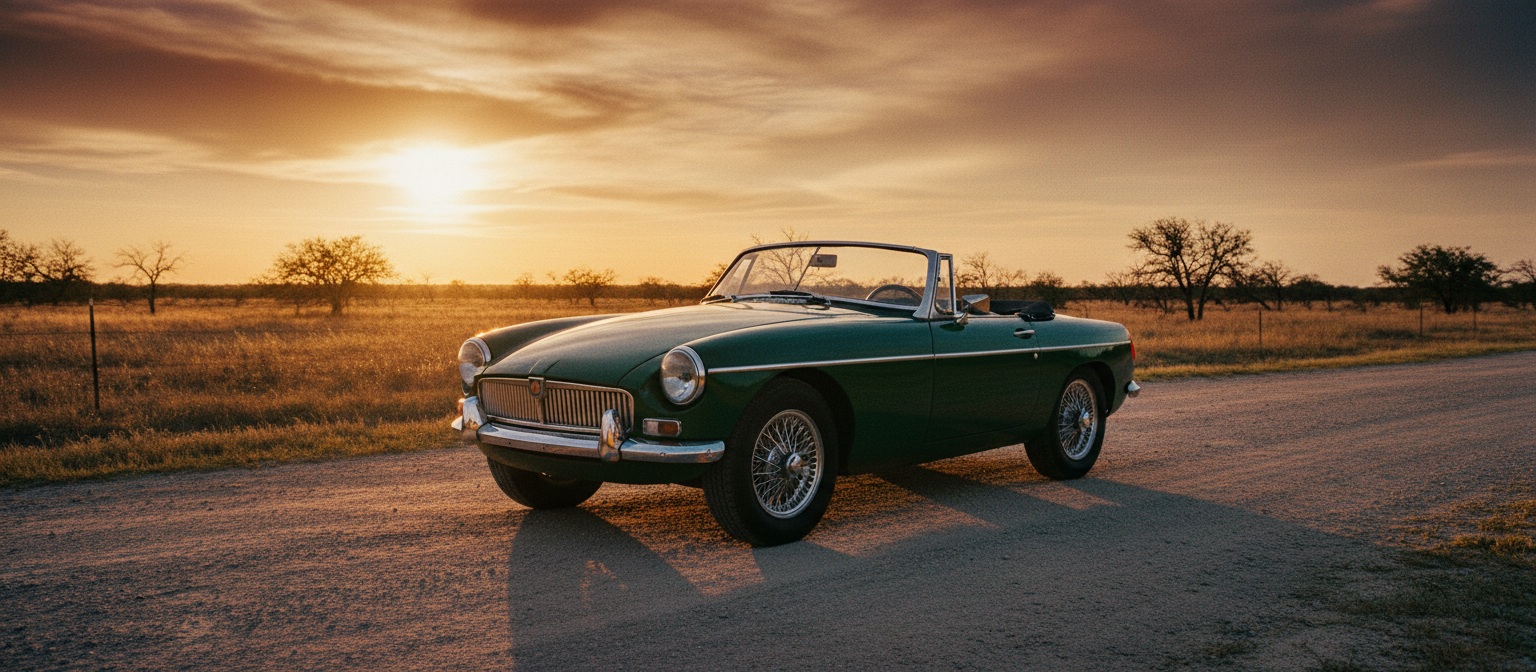 Classic MG roadster on a Texas backroad at golden hour