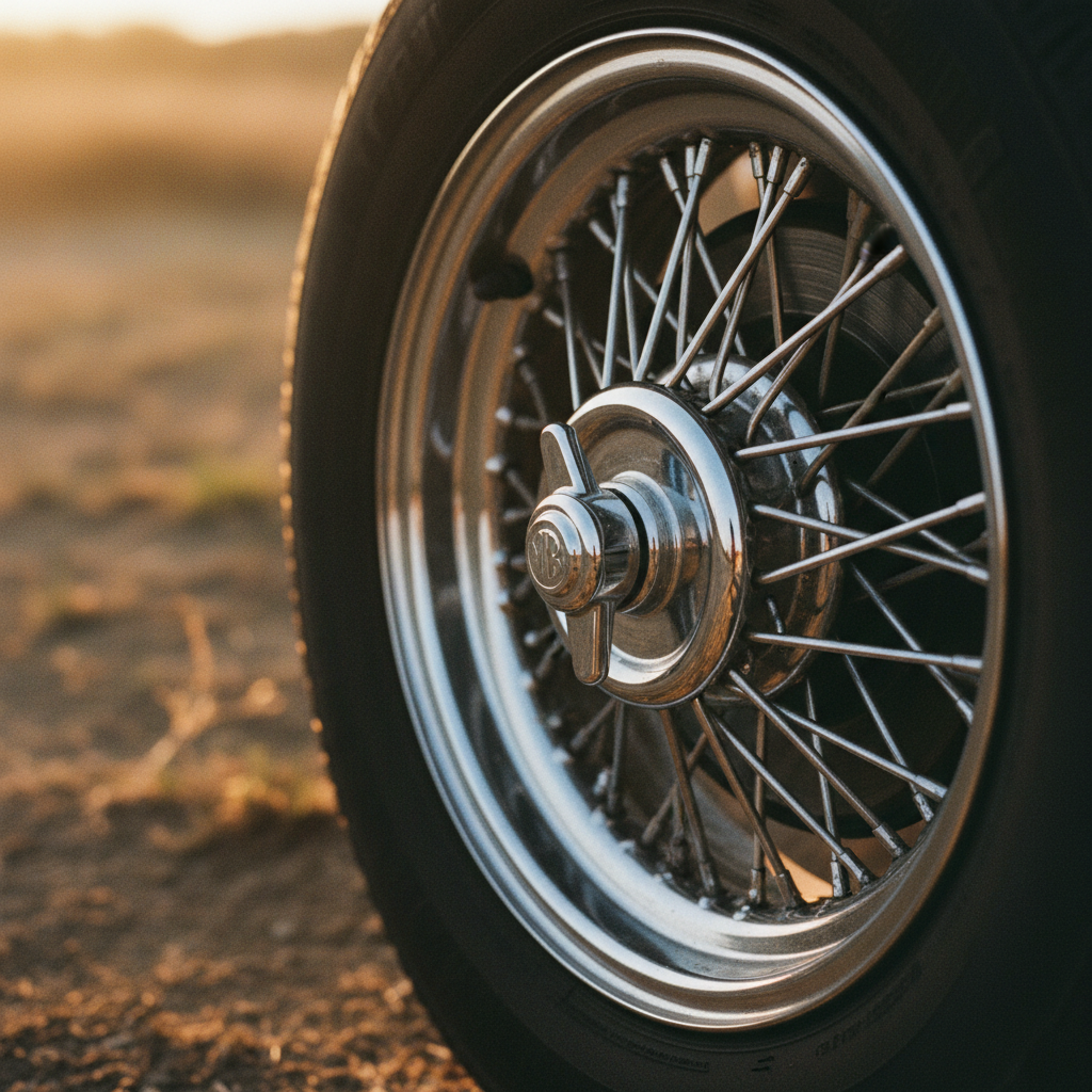 Close-up of a classic MG chrome wire wheel
