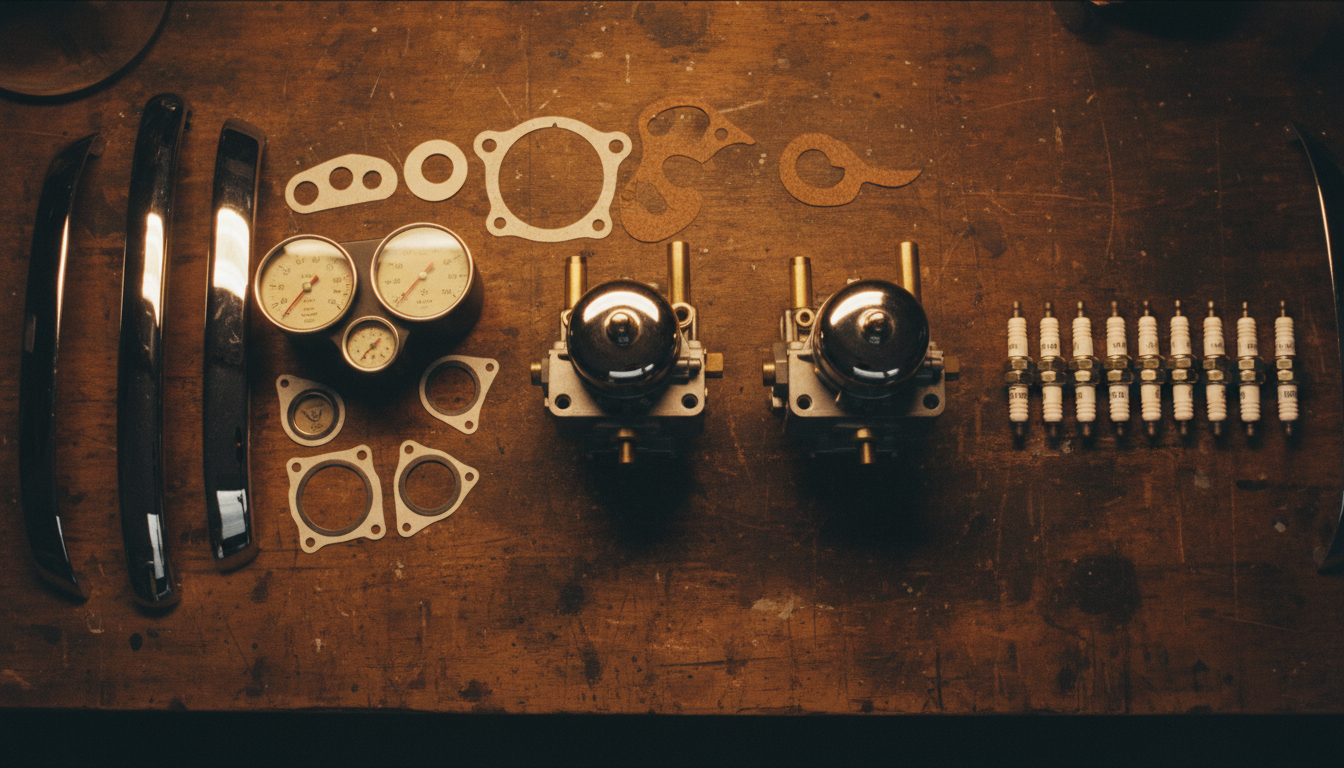 Classic MG parts on a workbench
