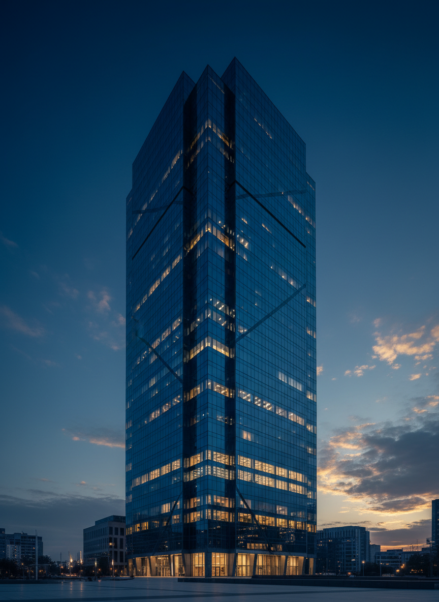 Modern glass skyscraper at twilight — financial district where Talentline operates