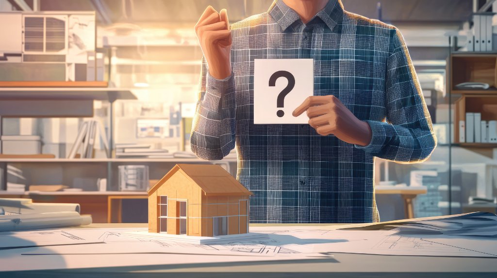 Architect holding a question-mark card over blueprints and a house model