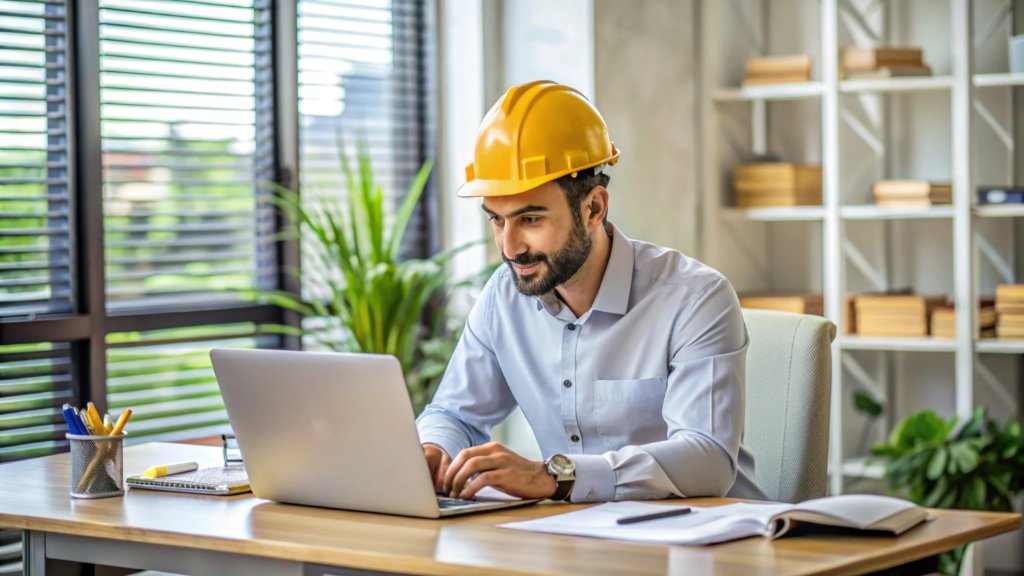 Contractor at a desk reviewing project details on a laptop