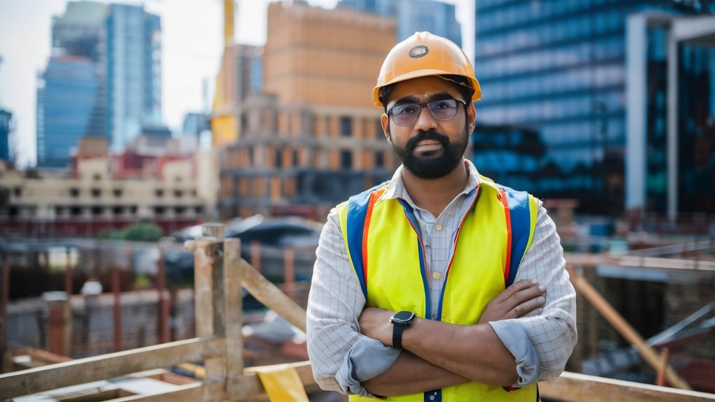 Indian engineer on a construction site in a safety vest and hard hat