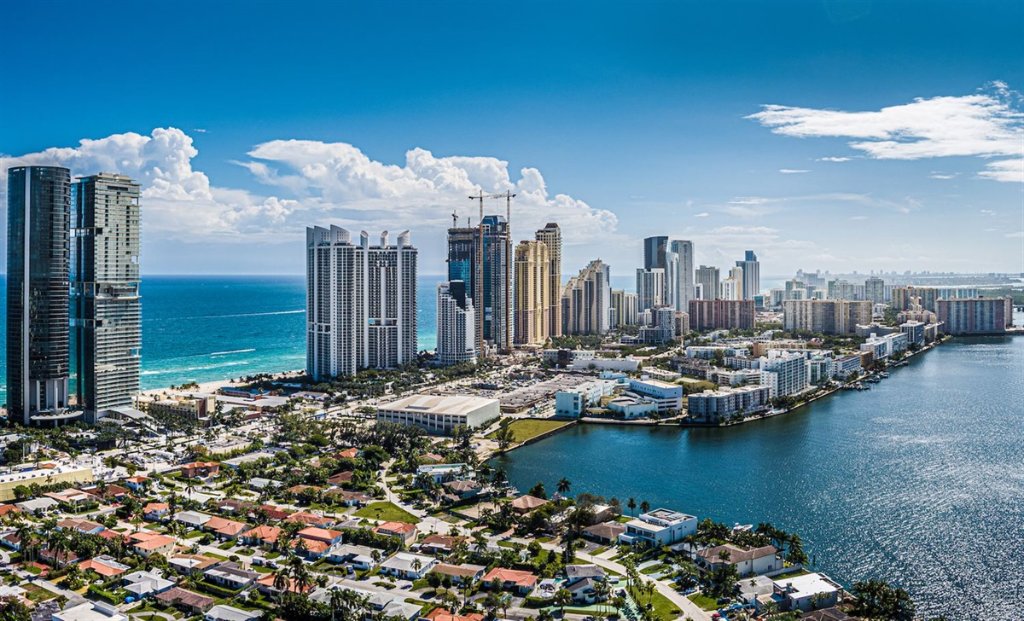 Sun-soaked Miami beach at golden hour dusk