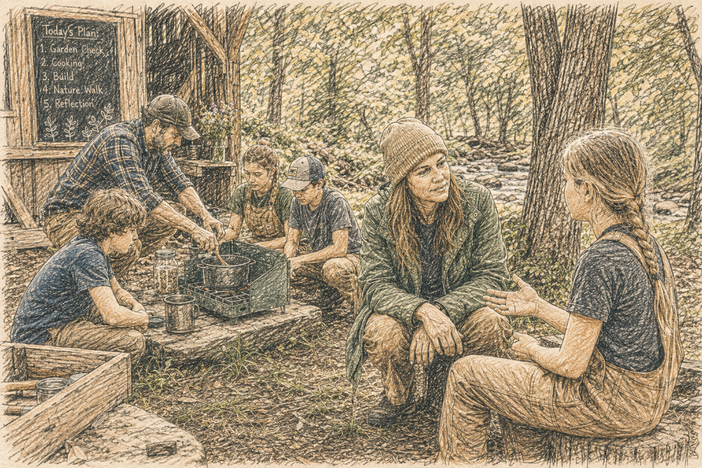 Teachers and students by the creek