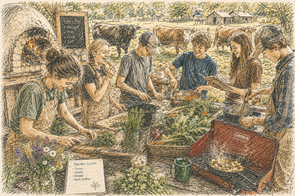 Students cooking together on the farm