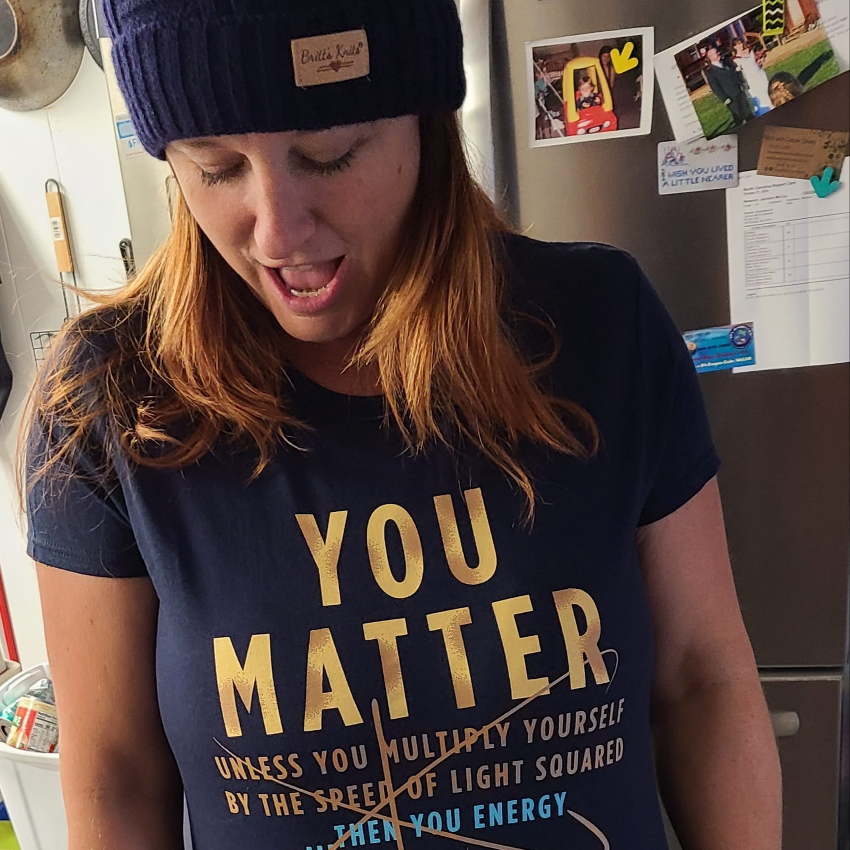 Debbie in a 'You Matter' t-shirt at home