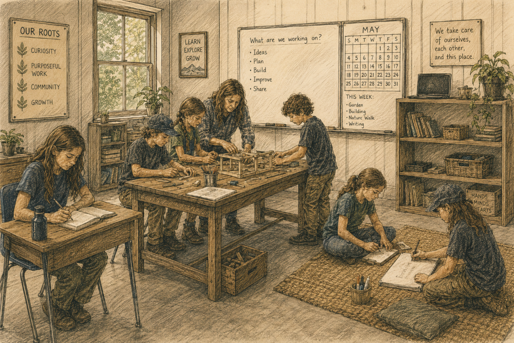 Classroom space with students learning and building