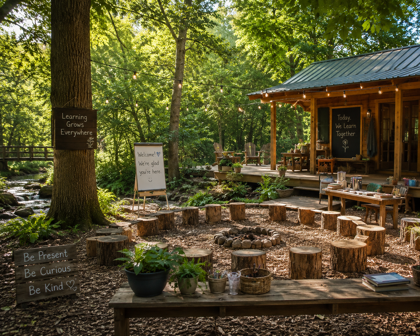 Outdoor learning in the forest at Foothill Frolic Farm