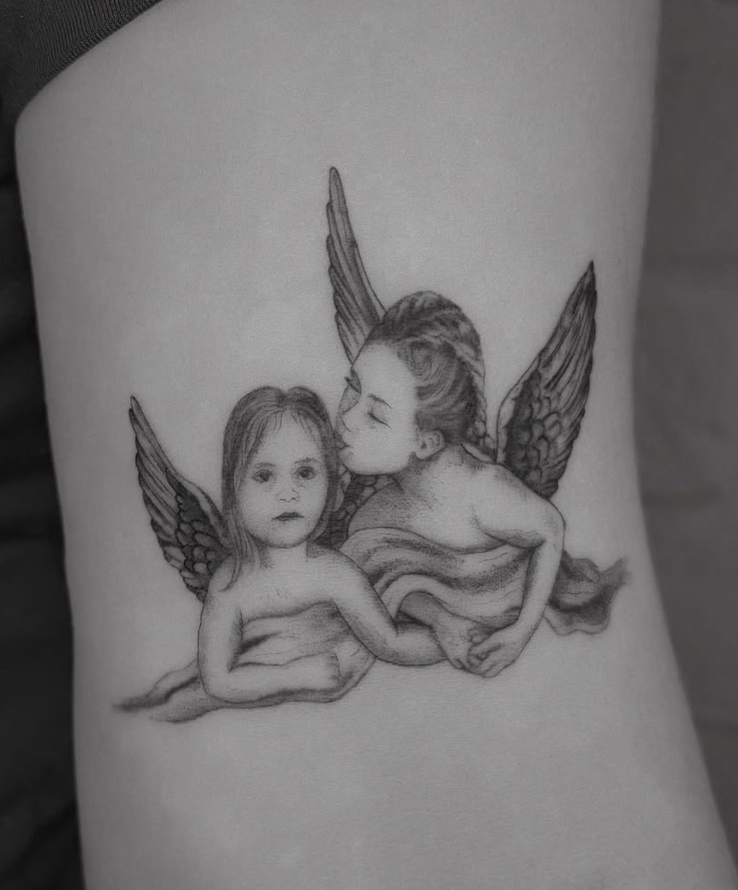 Fine line cherub/angel tattoo design