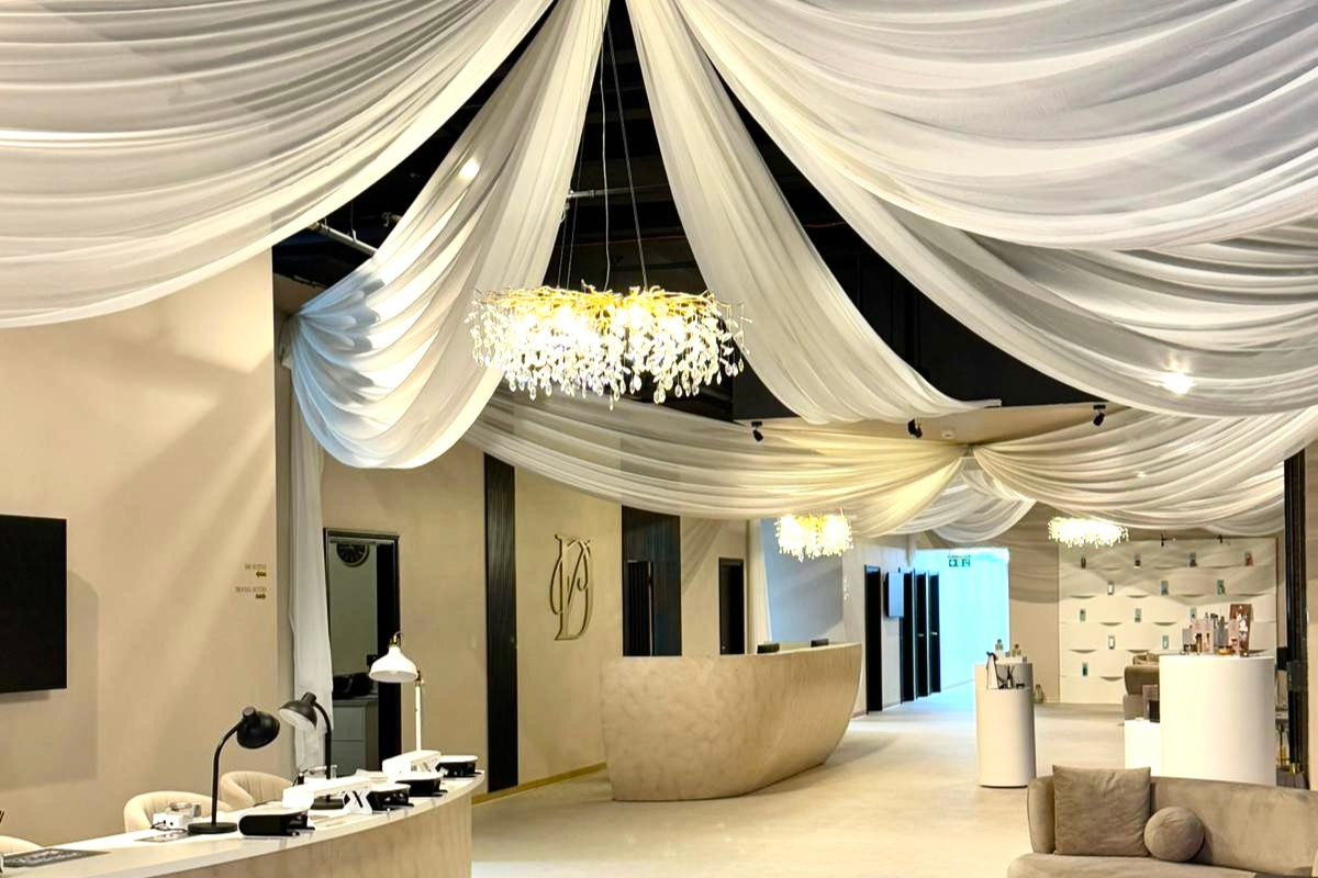 Luxury reception area with chandeliers and draping