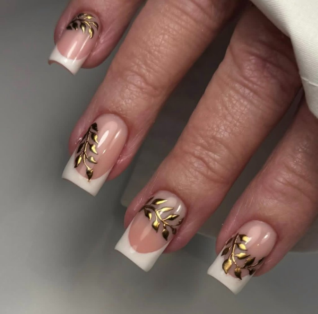French tip nails with gold leaf art