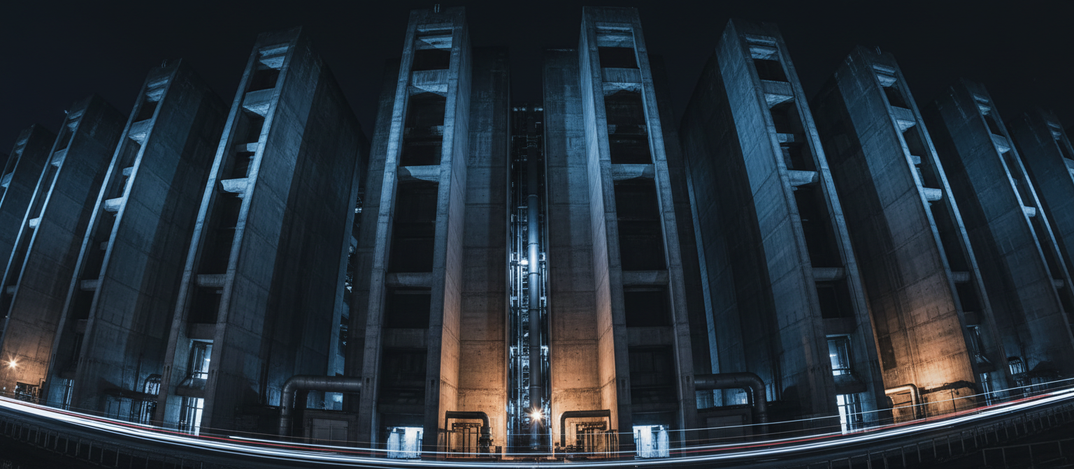 Monolithic concrete infrastructure at night with dramatic chiaroscuro lighting