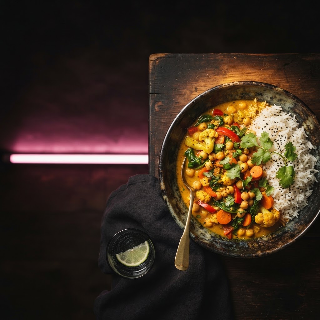 Groentecurry met kikkererwten & rijst
