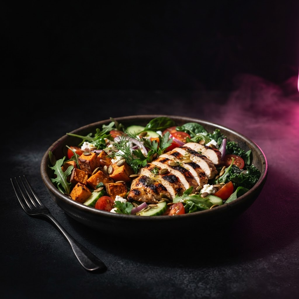 Quichesalade met kip & zoete aardappel